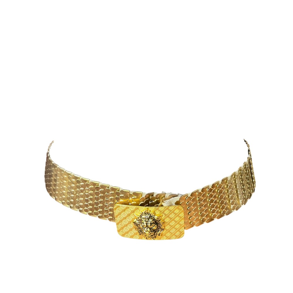 Vintage 80s Gold Tone Metal Fish Scale Belt Lion Head Buckle Stretch Wide